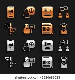 Set Protest, Speech bubble chat, Graduate and graduation cap, News, Security camera, Judge gavel,  and Peace talks icon. Vector