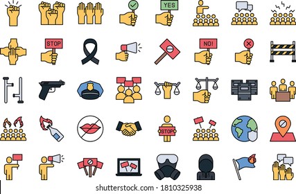 set of protest thin line icons, crowd, people, demonstration