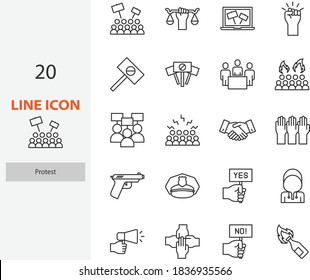 set of protest thin line icons, demonstrate