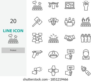 set of protest thin line icons, protestor, demonstration