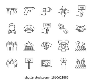 set of protest thin line icons, people, crowd