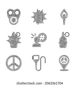 Set Protest, Walkie talkie, Location peace, Hand grenade, Peace, Torch flame and Gas mask icon. Vector