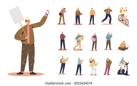 Set of protester man cartoon holding banner and smartphone different lifestyle situations and poses: photographer using camera, riding bike, training, dancing and running. Flat vector illustration