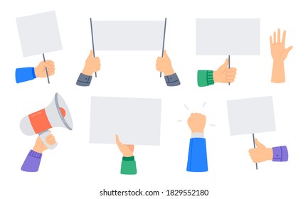 Set of protesters banners. People holding protests banners, activists with empty vote signs. Revolution, demonstration, protest, election concept. Vector flat illustration. 