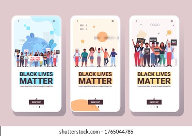 marcan a los manifestantes sosteniendo carteles sobre el asunto de la vida negra campaña de sensibilización contra la discriminación racial apoyo a la igualdad de derechos de los negros pantallas de smartphones colección de ilustraciones vectoriales horizontales