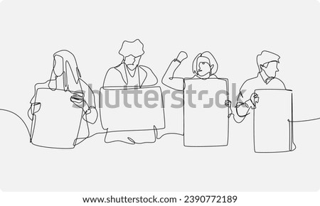 set of protesters holding blank board with one single continuous line drawing style. editable stroke. vector illustration.