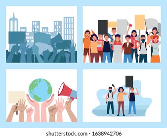 set of protesting people with banners and megaphones scenes vector illustration