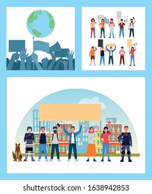 set of protesting people with banners and megaphones scenes vector illustration