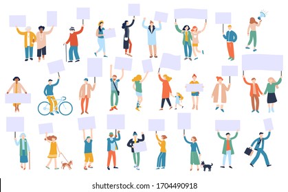 Set of protesting people characters with blank banners. Men and women in group, crowd holding placards.
Demonstration, political protest, meeting. Male and female activists, protesters on street