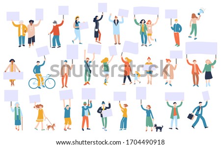 Set of protesting people characters with blank banners. Men and women in group, crowd holding placards.
Demonstration, political protest, meeting. Male and female activists, protesters on street