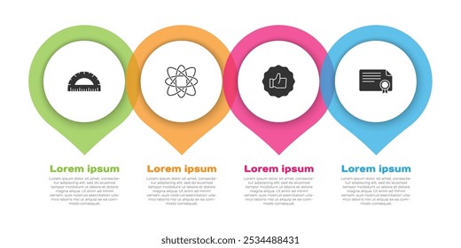 Set Protractor, Atom, Hand thumb up and Certificate template. Business infographic template. Vector
