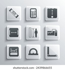 Set Protractor, Corner ruler, Measuring instrument, height body, Graph, schedule, chart, diagram, Area measurement, Construction bubble level and Depth icon. Vector