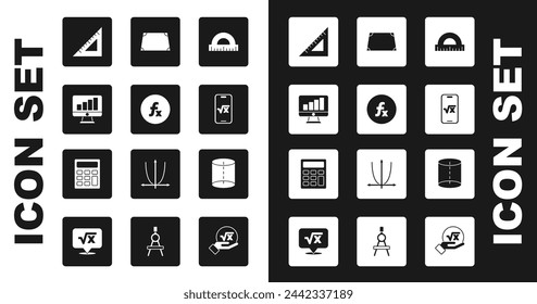 Set Protractor, Function mathematical symbol, Computer monitor with graph chart, Triangular ruler, Square root of x glyph, Acute trapezoid shape, Geometric figure and Calculator icon. Vector