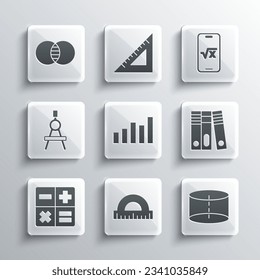Set Protractor, Geometric figure Cylinder, Office folders, Graph, schedule, chart, diagram, Calculator, Drawing compass, Mathematics sets A and B and Square root of x glyph icon. Vector