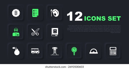 Set Protractor grid, Calculator, Scissors, Unknown search, Teacher, School Bus, Clipboard with checklist and Law pillar icon. Vector