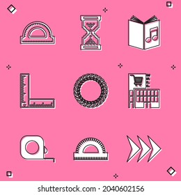 Ajuste rejilla del protractor, píxel de vidrio de color, libro de audio, regla plegable, corona de laurel, edificio de supermercados de centros comerciales, construcción de la ruleta e icono. Vector