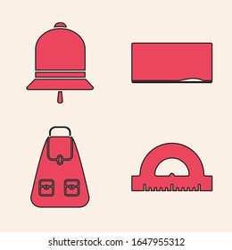 Set Protractor grid for measuring degrees, Ringing bell, Chalkboard and School backpack icon. Vector
