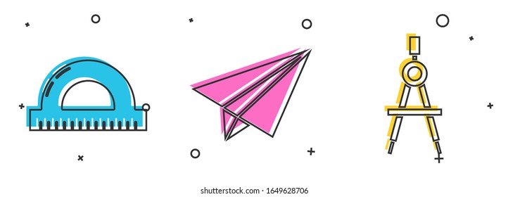 Set Protractor grid for measuring degrees, Paper airplane and Drawing compass icon. Vector
