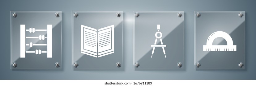 Set Protractor grid for measuring degrees, Drawing compass, Open book and Abacus. Square glass panels. Vector
