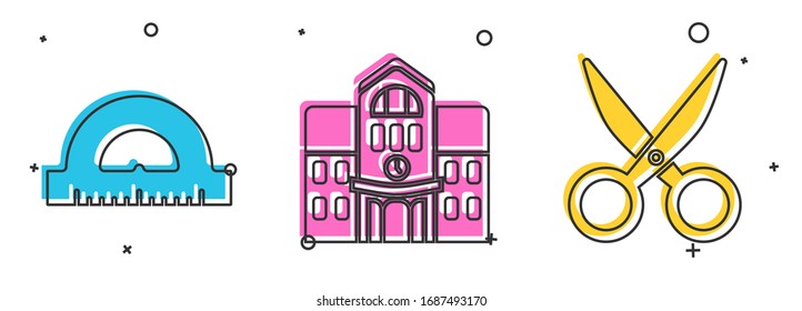 Set Protractor grid for measuring degrees, School building and Scissors icon. Vector