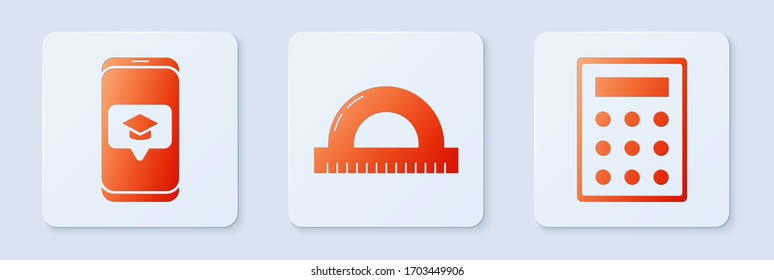 Set Protractor grid for measuring degrees, Graduation cap on screen smartphone and Calculator. White square button. Vector