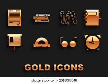 Set Protractor Grid For Measuring Degrees, Schedule, Chart, Diagram, Infographic, Pie Graph, Paper Clip, Exam Sheet Check Mark And Office Folders Papers And Documents Icon. Vector