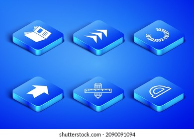 Set Protractor grid, Open book, Crossed ruler and pencil, Arrow,  and Laurel wreath icon. Vector