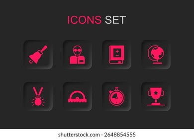 Set Protractor grid, Teacher, Ringing bell, Stopwatch, Earth globe, Award cup, Book with mathematics and Medal icon. Vector