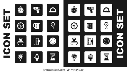 Set Protractor, Measuring cup, Compass, Stopwatch, Hand scale spring mechanical, Digital thermometer, Radius and Scales icon. Vector
