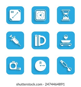 Set Protractor and ruler, Radius, Measuring spoon, Scales, Roulette construction, Syringe, Old hourglass with sand and Diagonal measuring icon. Vector