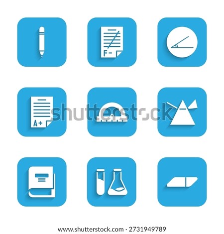 Set Protractor, Test tube and flask, Eraser rubber, Light rays in prism, Book, Exam sheet with A plus grade, Acute angle and Pencil eraser icon. Vector