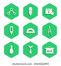 Set Protractor, Tie, Chalkboard, Drawing compass, Ringing bell, Marker pen, Calendar first september date and Molecule icon. Vector