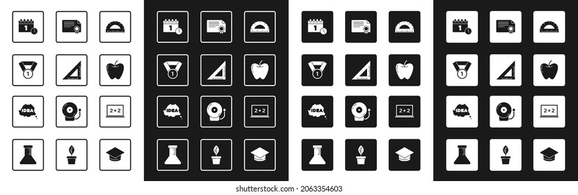 Set Protractor, Triangular ruler, Medal, Calendar first september date, Apple, Certificate template, Chalkboard and Idea, speech bubble icon. Vector