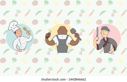 A set of proud Chefs of around the world, smiling and  happy, holding their cooking utensils. with ingredients on background.