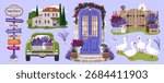 A set of Provencal compositions, rustic scenes with lavender. A farmhouse, a car with lavender, a wooden gate with a dog, geese, a road sign with arrows. A door with flowers.  A flat set in a Mediterranean style with a detailed color scheme contains the most recognizable images of Provence.
Suitable for festive products: postcards, stickers, posters, packaging, collages. 
Scalable and fully editable EPS vector illustration. Hand draw no ai.