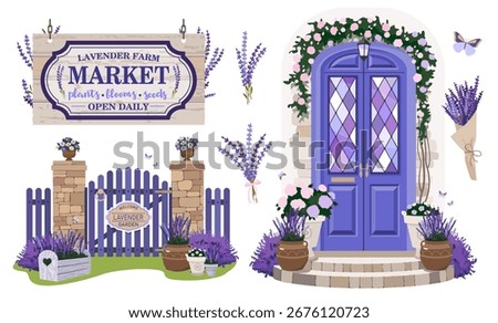 A set of Provence scenes and lavender compositions. Entrance doors with stained glass windows and stone steps. The gateway to the lavender garden. Vector illustrated clipart. Hand draw no no ai.