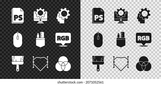 Set PS File document, Computer monitor and gear, Human head with inside, Paint brush, Heart Bezier curve, RGB CMYK color mixing, mouse and Crossed ruler pencil icon. Vector