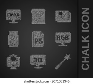 Set PS File document, Speech bubble with text 3D, Magic wand, RGB CMYK, Computer monitor gear, Eraser rubber, Picture landscape and  icon. Vector
