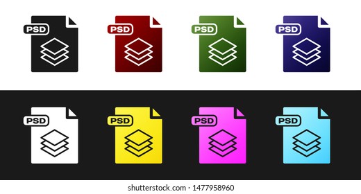 Set PSD file document. Download psd button icon isolated on black and white background. PSD file symbol.  Vector Illustration