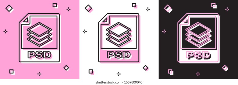 Set PSD file document. Download psd button icon isolated on pink and white, black background. PSD file symbol.  Vector Illustration