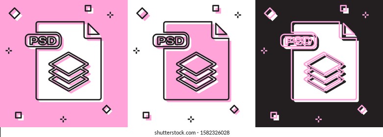 Set PSD file document. Download psd button icon isolated on pink and white, black background. PSD file symbol.  Vector Illustration