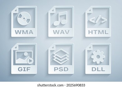 Set PSD file document, HTML, GIF, DLL, WAV and WMA icon. Vector