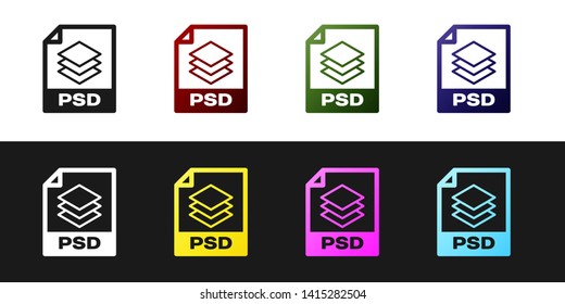 Set PSD file document icon. Download psd button icon isolated on black and white background. PSD file symbol. Vector Illustration