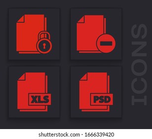 Set PSD file document, Document and lock, Document with minus and XLS file document icon. Vector