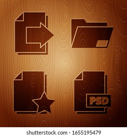 Set PSD file document, Next page arrow, Document with star and Document folder on wooden background. Vector