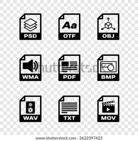 Set PSD file document, OTF, OBJ, WAV, TXT and MOV icon. Vector
