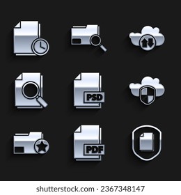 Set PSD file document, PDF, Document protection concept, Cloud and shield, folder with star, search, download upload and clock icon. Vector