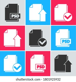 Set PSD file document, Upload file document and Document and check mark icon. Vector