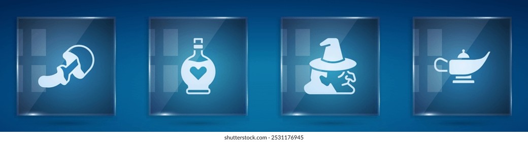 Set Psilocybin mushroom, Bottle with love potion, Witch and Magic lamp or Aladdin. Square glass panels. Vector