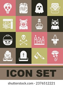 Set Psilocybin mushroom, Scarecrow, Owl bird, Ghost, Cat, Spider web, Skull and Bottle with potion icon. Vector
